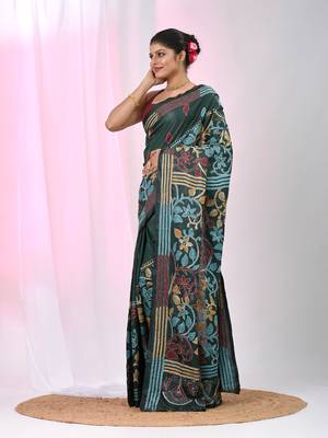 Emerald green silk blend kantha stitch saree with multicolor thread work 2