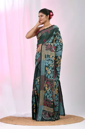 Emerald green silk blend kantha stitch saree with multicolor thread work