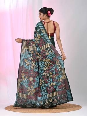 Emerald green silk blend kantha stitch saree with multicolor thread work 3