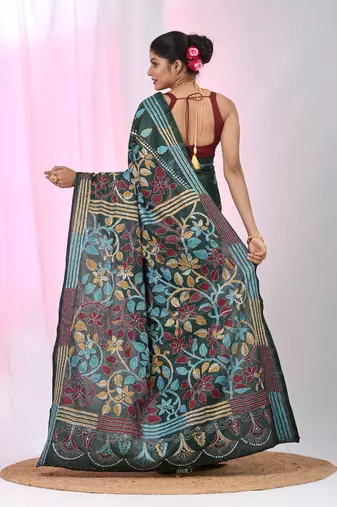 Emerald green silk blend kantha stitch saree with multicolor thread work