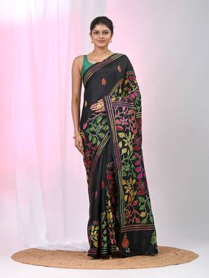 Black silk blend kantha stitch saree with multicolor thread work 1