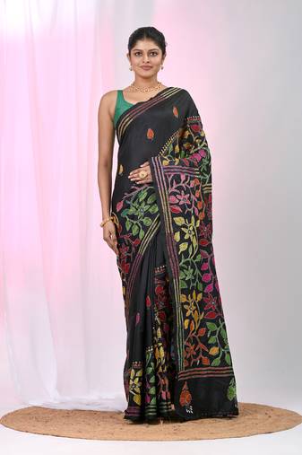 Black silk blend kantha stitch saree with multicolor thread work