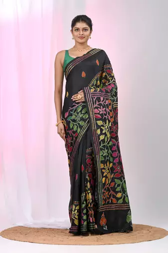 Black silk blend kantha stitch saree with multicolor thread work
