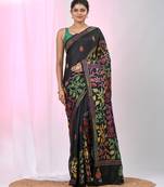 Black silk blend kantha stitch saree with multicolor thread work