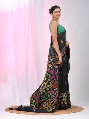 Black silk blend kantha stitch saree with multicolor thread work 2