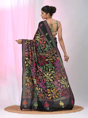 Black silk blend kantha stitch saree with multicolor thread work 3