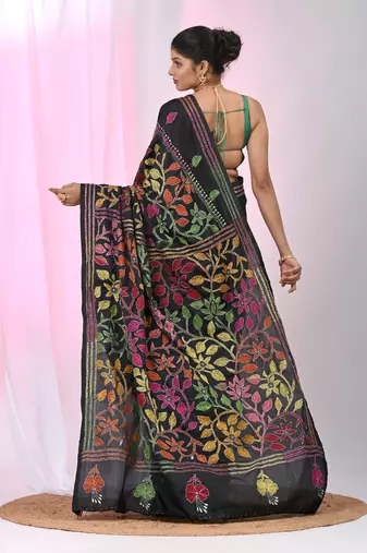 Black silk blend kantha stitch saree with multicolor thread work