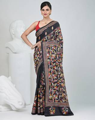 Black silk blend kantha stitch saree with multicolor thread work 5