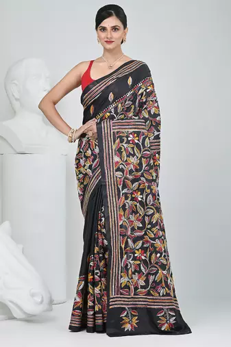 Black silk blend kantha stitch saree with multicolor thread work