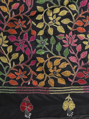 Black silk blend kantha stitch saree with multicolor thread work 4
