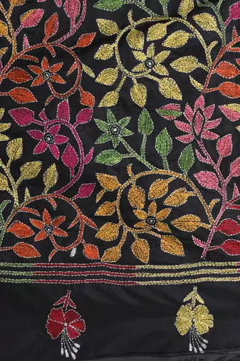 Black silk blend kantha stitch saree with multicolor thread work