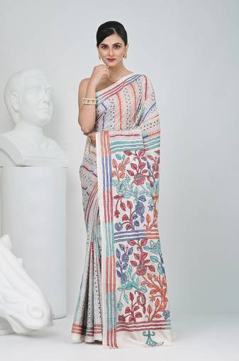 White silk blend kantha stitch saree with multicolor thread work
