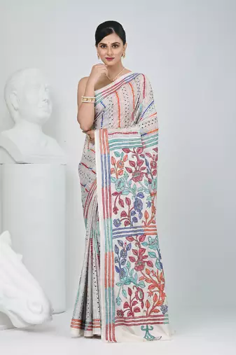 White silk blend kantha stitch saree with multicolor thread work