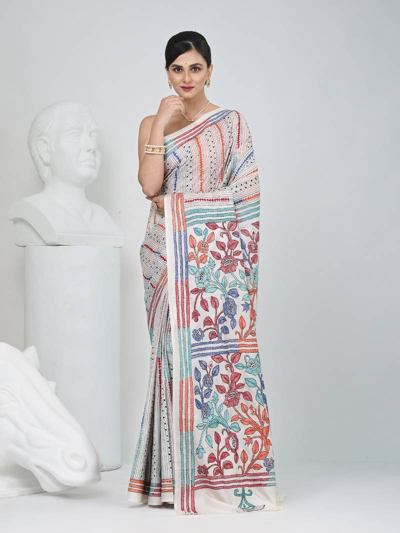 White silk blend kantha stitch saree with multicolor thread work