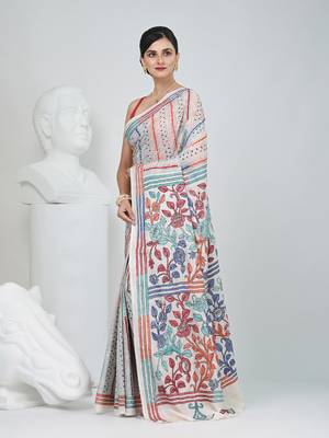 White silk blend kantha stitch saree with multicolor thread work 2