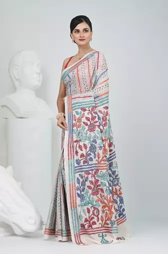 White silk blend kantha stitch saree with multicolor thread work
