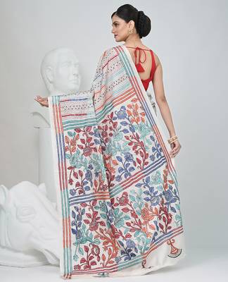 White silk blend kantha stitch saree with multicolor thread work 3