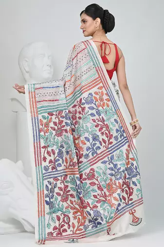 White silk blend kantha stitch saree with multicolor thread work