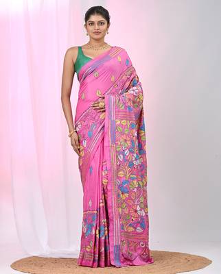 Pink silk blend kantha stitch saree with multicolor thread work 1