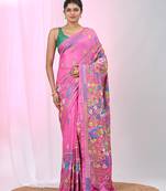 Pink silk blend kantha stitch saree with multicolor thread work