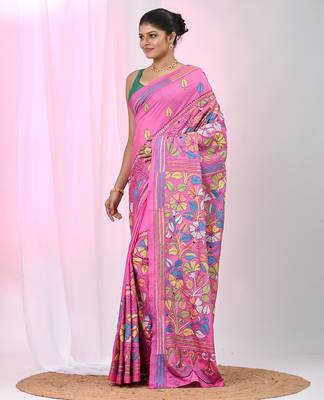 Pink silk blend kantha stitch saree with multicolor thread work 2
