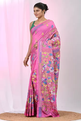 Pink silk blend kantha stitch saree with multicolor thread work