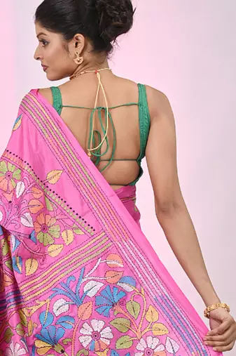 Pink silk blend kantha stitch saree with multicolor thread work