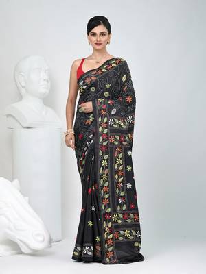 Black silk blend kantha stitch saree with multicolor thread work 1