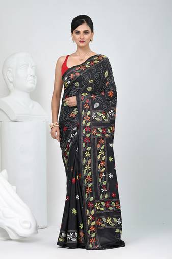 Black silk blend kantha stitch saree with multicolor thread work