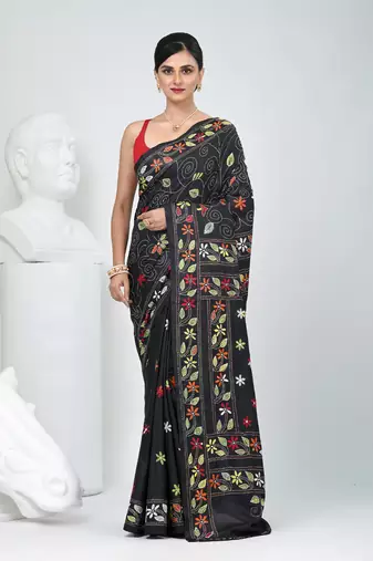 Black silk blend kantha stitch saree with multicolor thread work