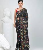 Black silk blend kantha stitch saree with multicolor thread work