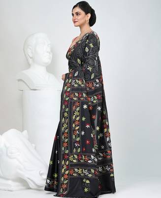 Black silk blend kantha stitch saree with multicolor thread work 2