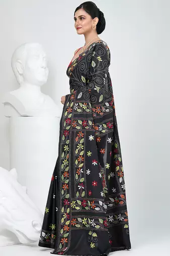 Black silk blend kantha stitch saree with multicolor thread work