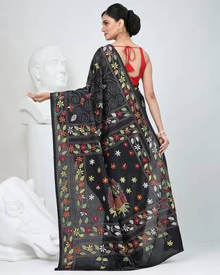 Black silk blend kantha stitch saree with multicolor thread work 3