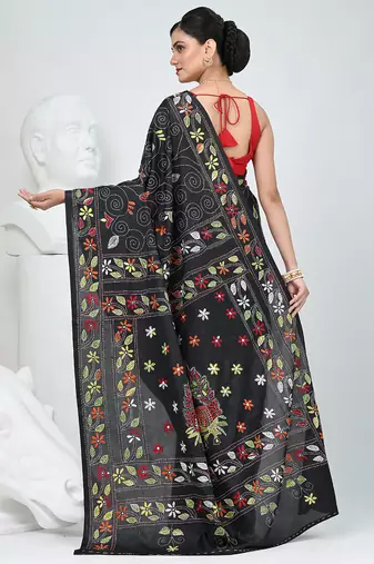 Black silk blend kantha stitch saree with multicolor thread work