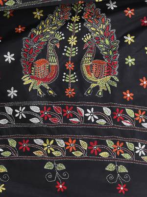 Black silk blend kantha stitch saree with multicolor thread work 4
