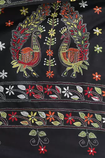 Black silk blend kantha stitch saree with multicolor thread work