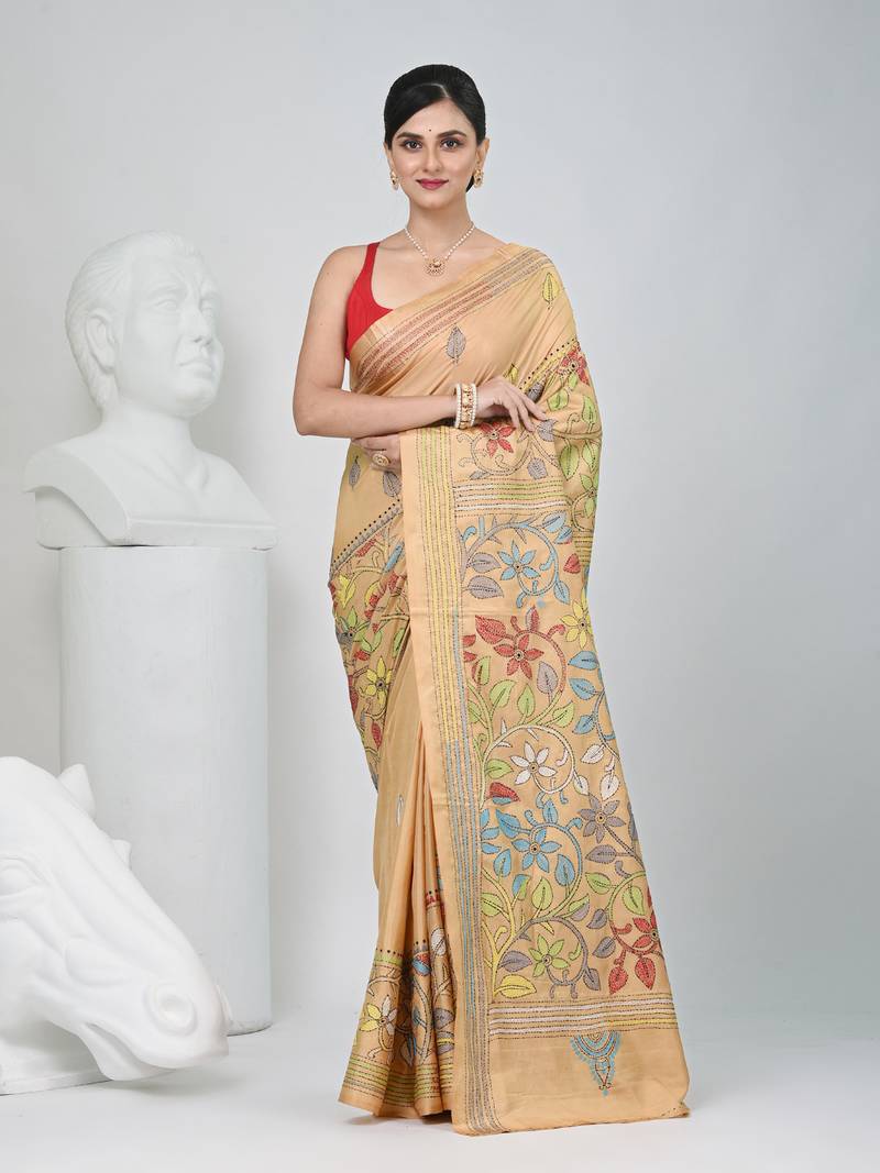 Beige silk blend kantha stitch saree with multicolor thread work