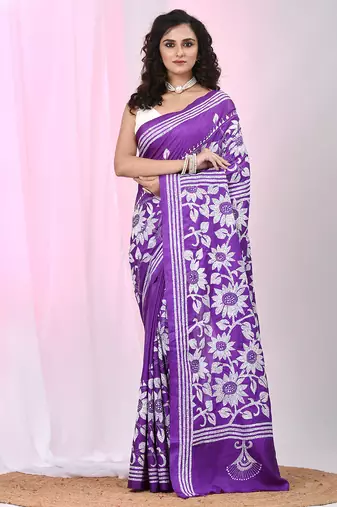 Violet silk blend kantha stitch saree with white floral thread work