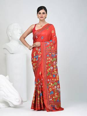 Red silk blend kantha stitch saree with multicolor thread work 5