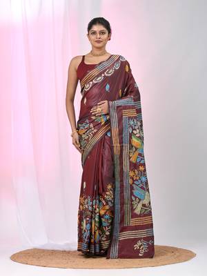 Maroon silk blend kantha stitch saree with multicolor thread work 5