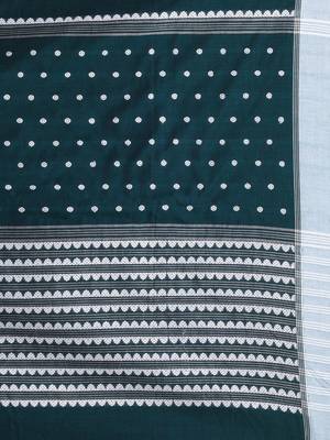 Teal cotton saree with white border and woven patterns 3