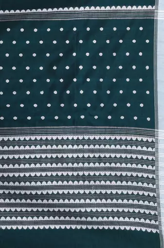 Teal cotton saree with white border and woven patterns