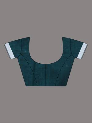 Teal cotton saree with white border and woven patterns 4
