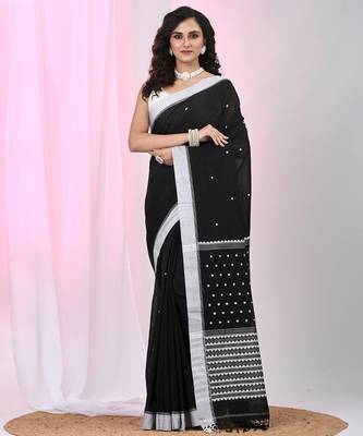 Black cotton saree with white border and woven patterns 1