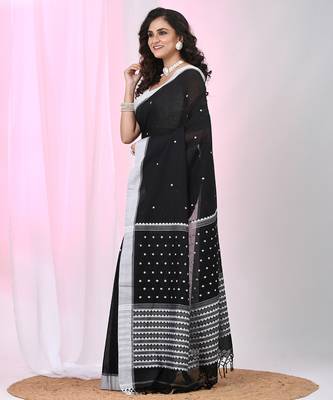 Black cotton saree with white border and woven patterns 2
