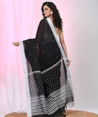 Black cotton saree with white border and woven patterns 3