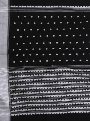 Black cotton saree with white border and woven patterns 4