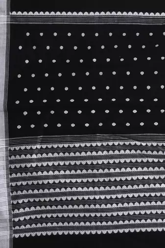Black cotton saree with white border and woven patterns