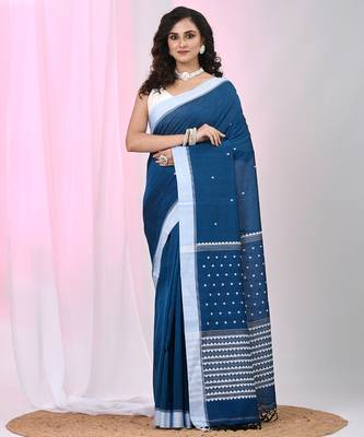 Sapphire blue cotton saree with white border and woven patterns 1